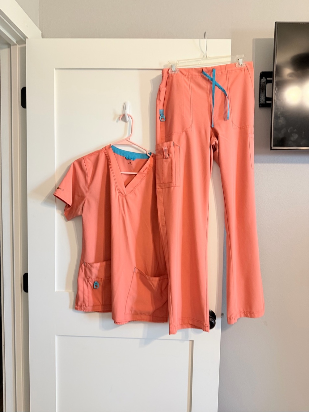 Carhartt Coral Pink Scrub Set with Teal Accents